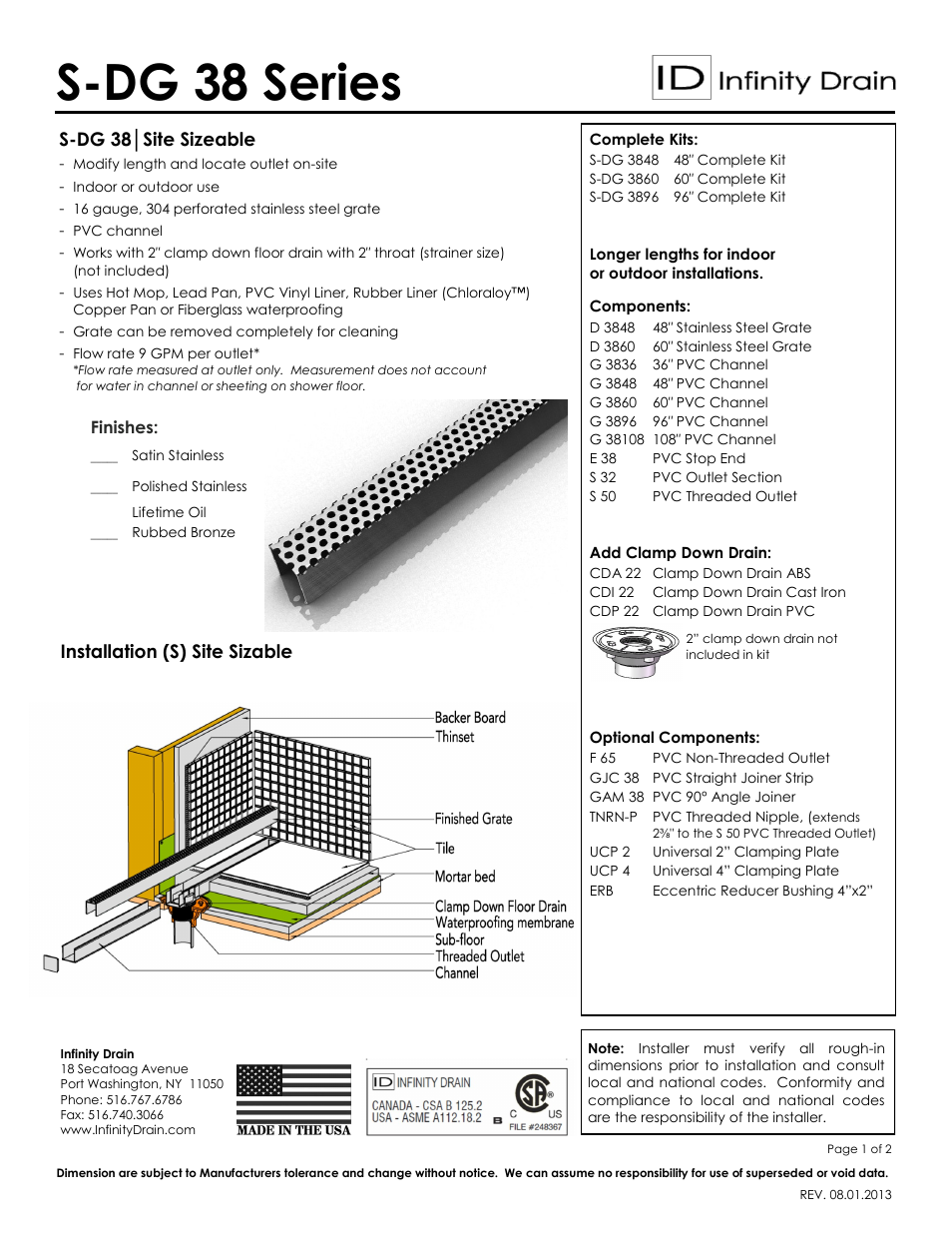 Infinity Drain S-DG 3860 Series Submittal Sheet User Manual | 2 pages
