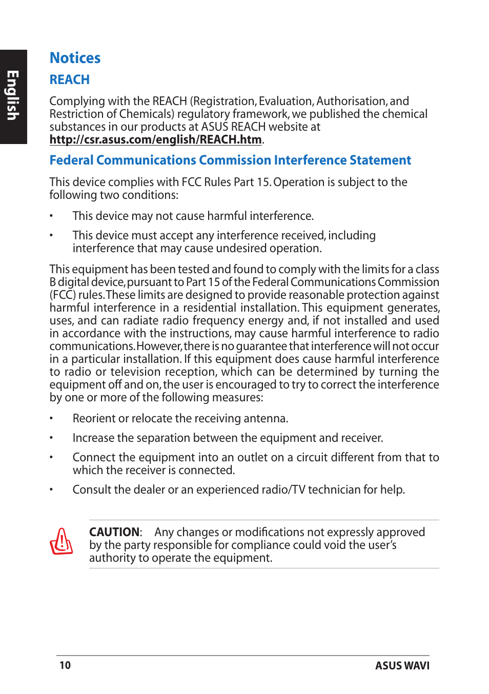 Notices, English notices | Asus WAVI User Manual | Page 10 / 197