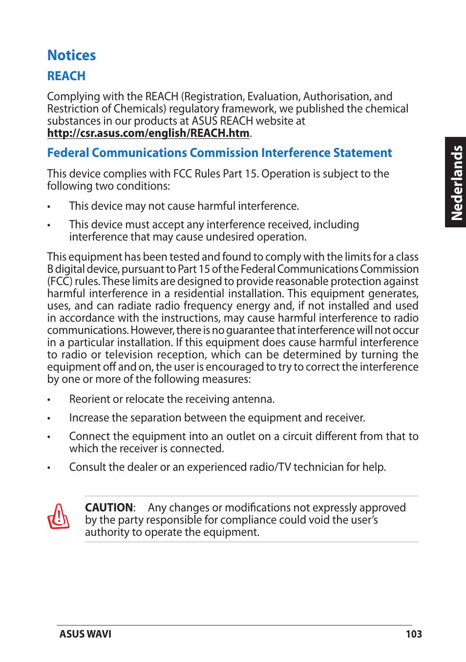 Notices, Neder lands notices | Asus WAVI User Manual | Page 103 / 197