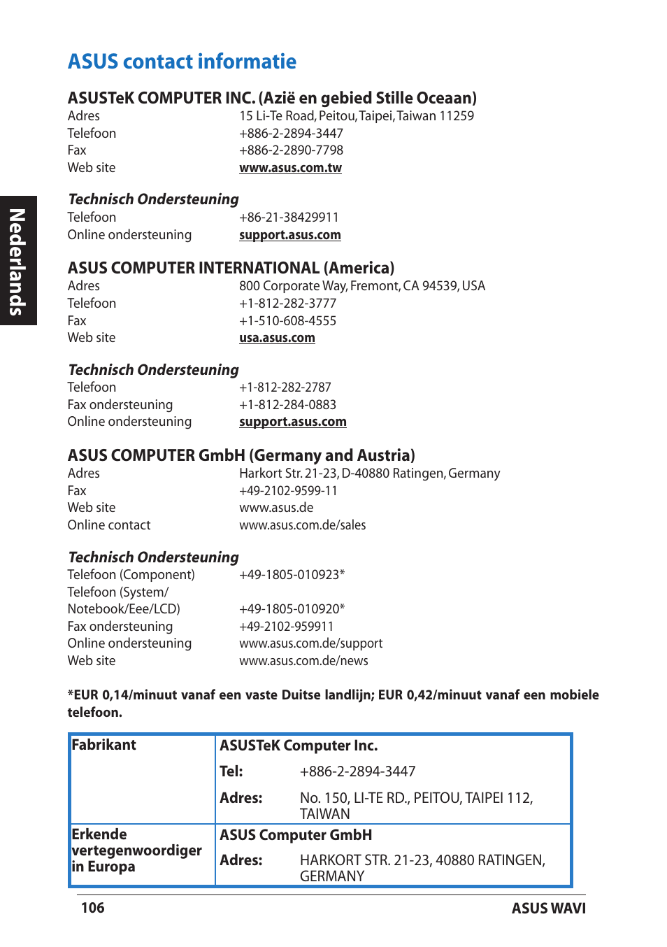 Asus contact informatie, Neder lands | Asus WAVI User Manual | Page 106 / 197