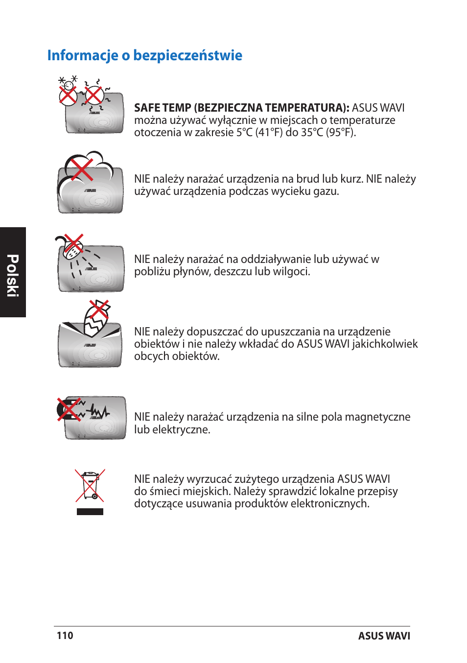 Informacje o bezpieczeństwie, Polski informacje o bezpieczeństwie | Asus WAVI User Manual | Page 110 / 197