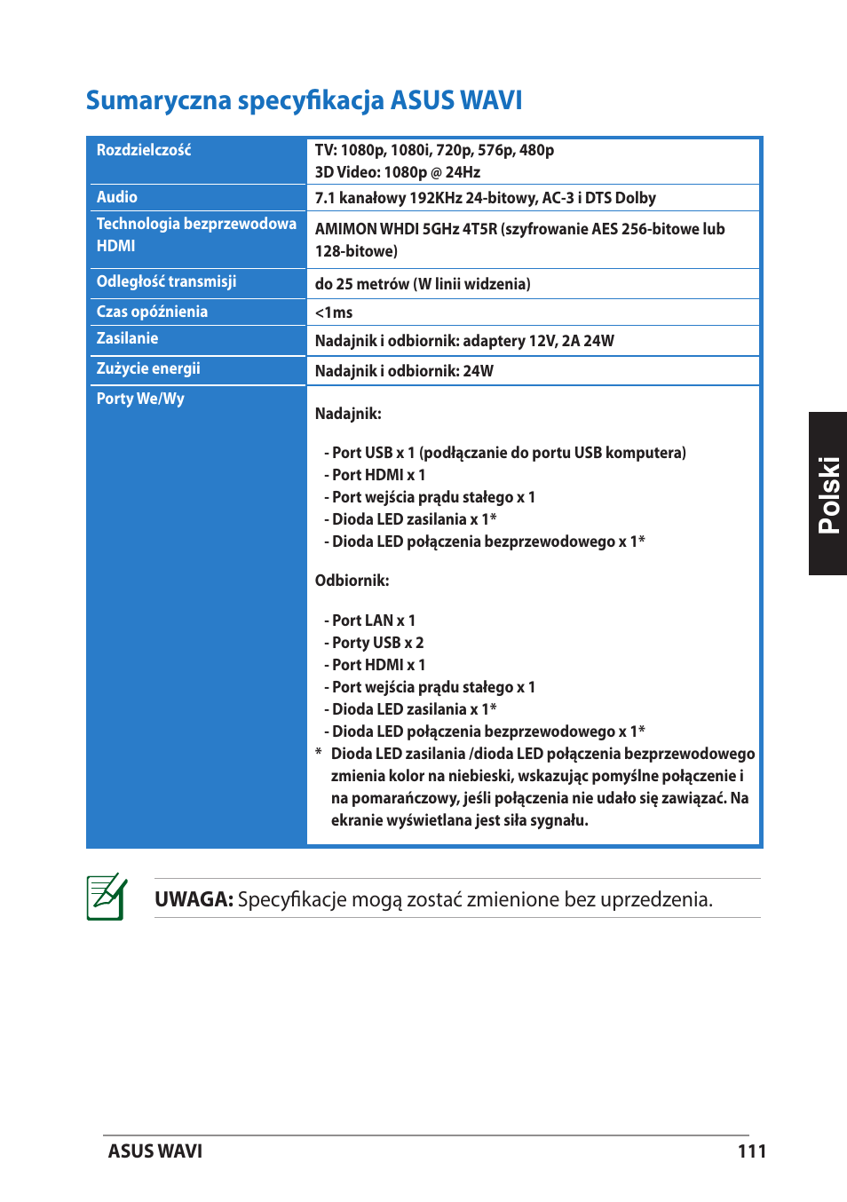 Sumaryczna specyfikacja asus wavi, Polski sumaryczna specyfikacja asus wavi | Asus WAVI User Manual | Page 111 / 197
