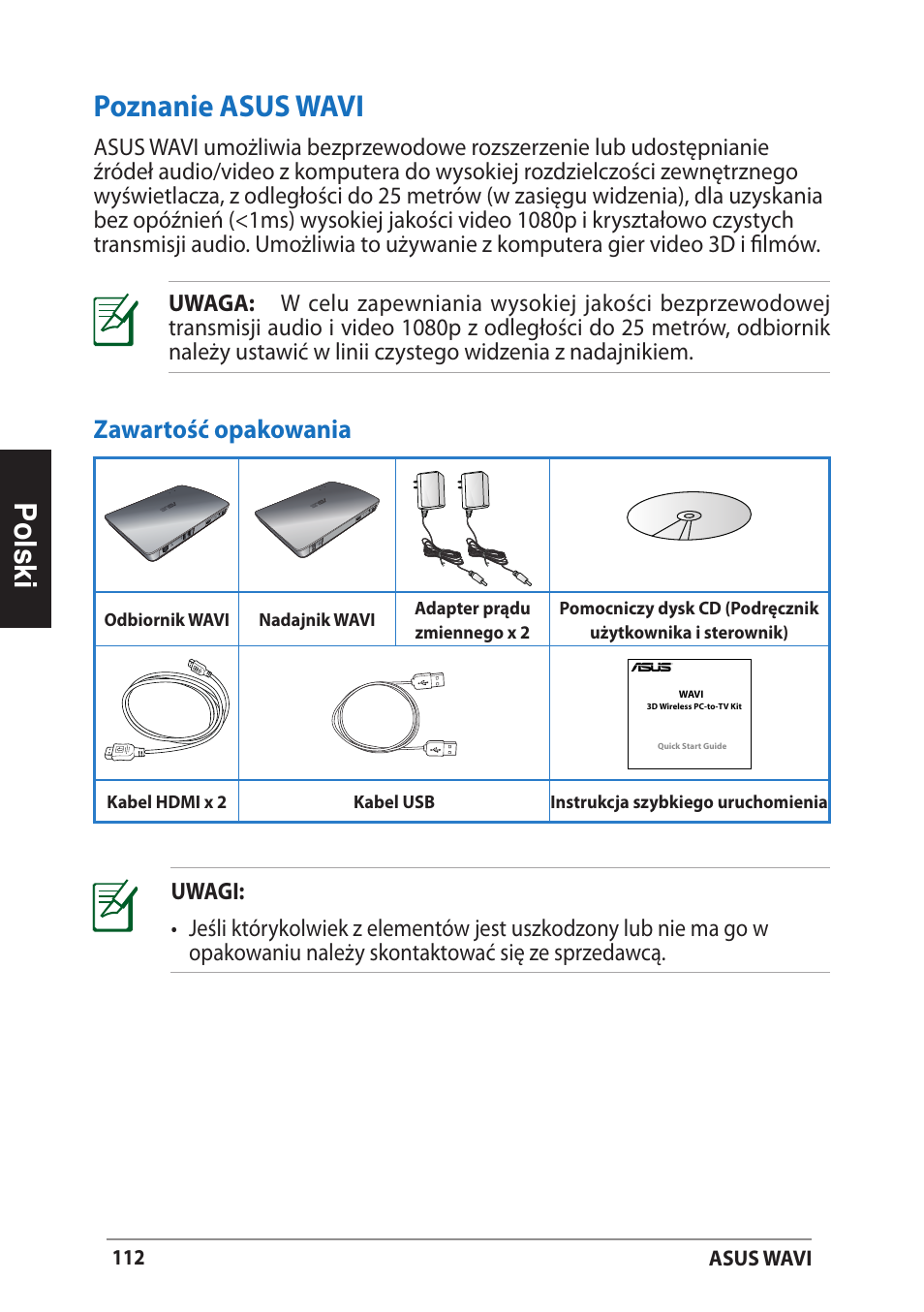 Poznanie asus wavi, Zawartość opakowania, Polski | Asus WAVI User Manual | Page 112 / 197