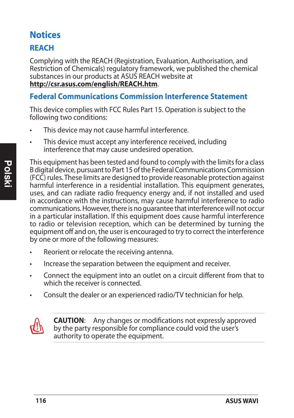 Notices, Polski notices | Asus WAVI User Manual | Page 116 / 197