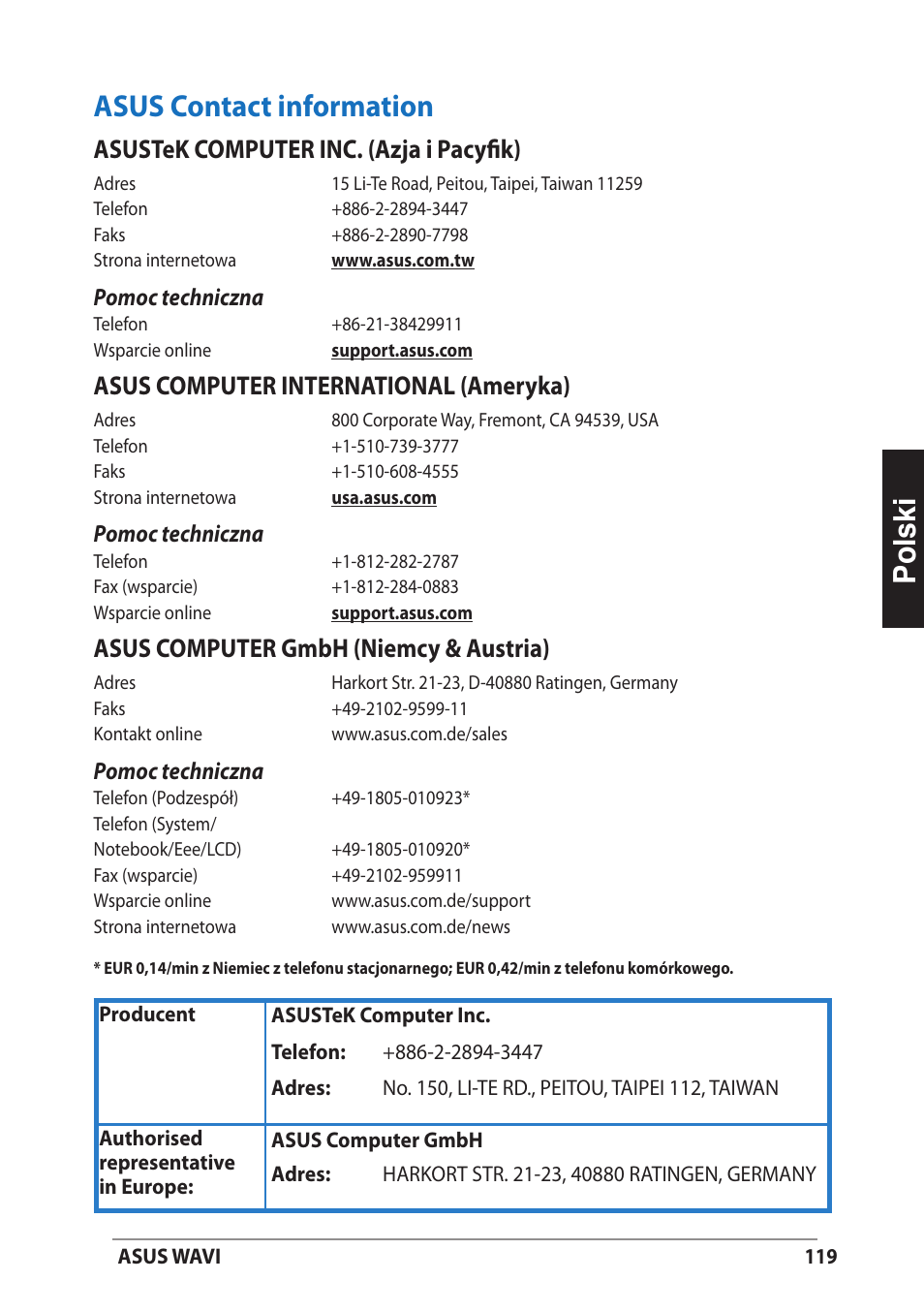 Asus contact information, Polski, Asustek computer inc. (azja i pacyfik) | Asus computer international (ameryka), Asus computer gmbh (niemcy & austria) | Asus WAVI User Manual | Page 119 / 197