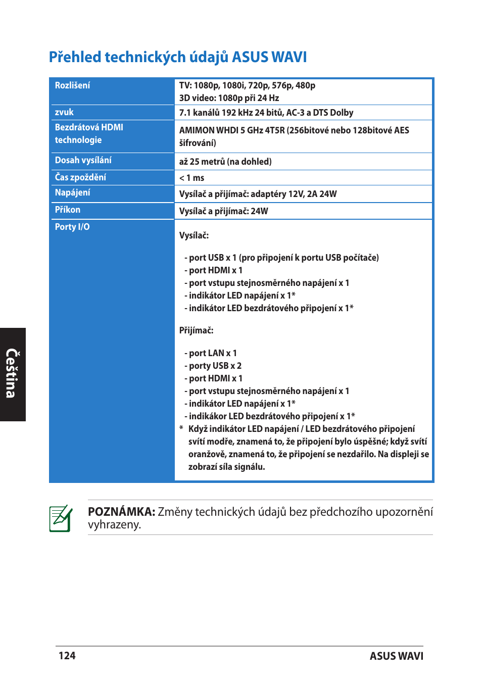 Přehled technických údajů asus wavi, Čeština přehled technických údajů asus wavi | Asus WAVI User Manual | Page 124 / 197