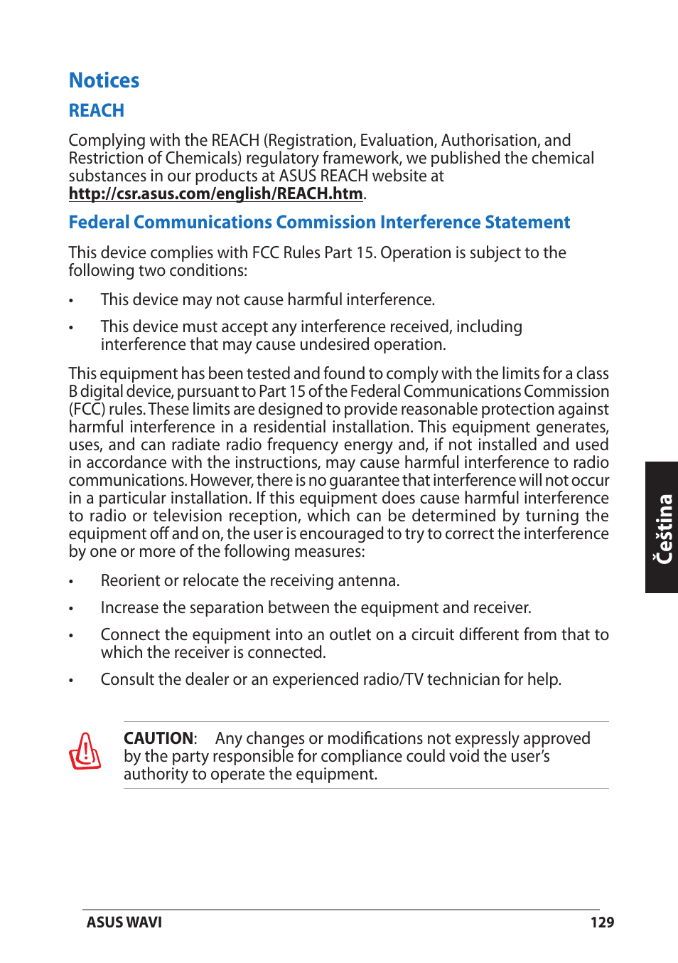 Notices, Čeština notices | Asus WAVI User Manual | Page 129 / 197