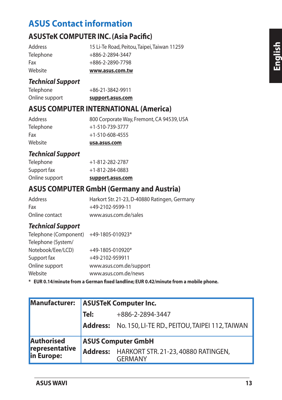 Asus contact information, English asus contact information, Asustek computer inc. (asia pacific) | Asus computer international (america), Asus computer gmbh (germany and austria) | Asus WAVI User Manual | Page 13 / 197