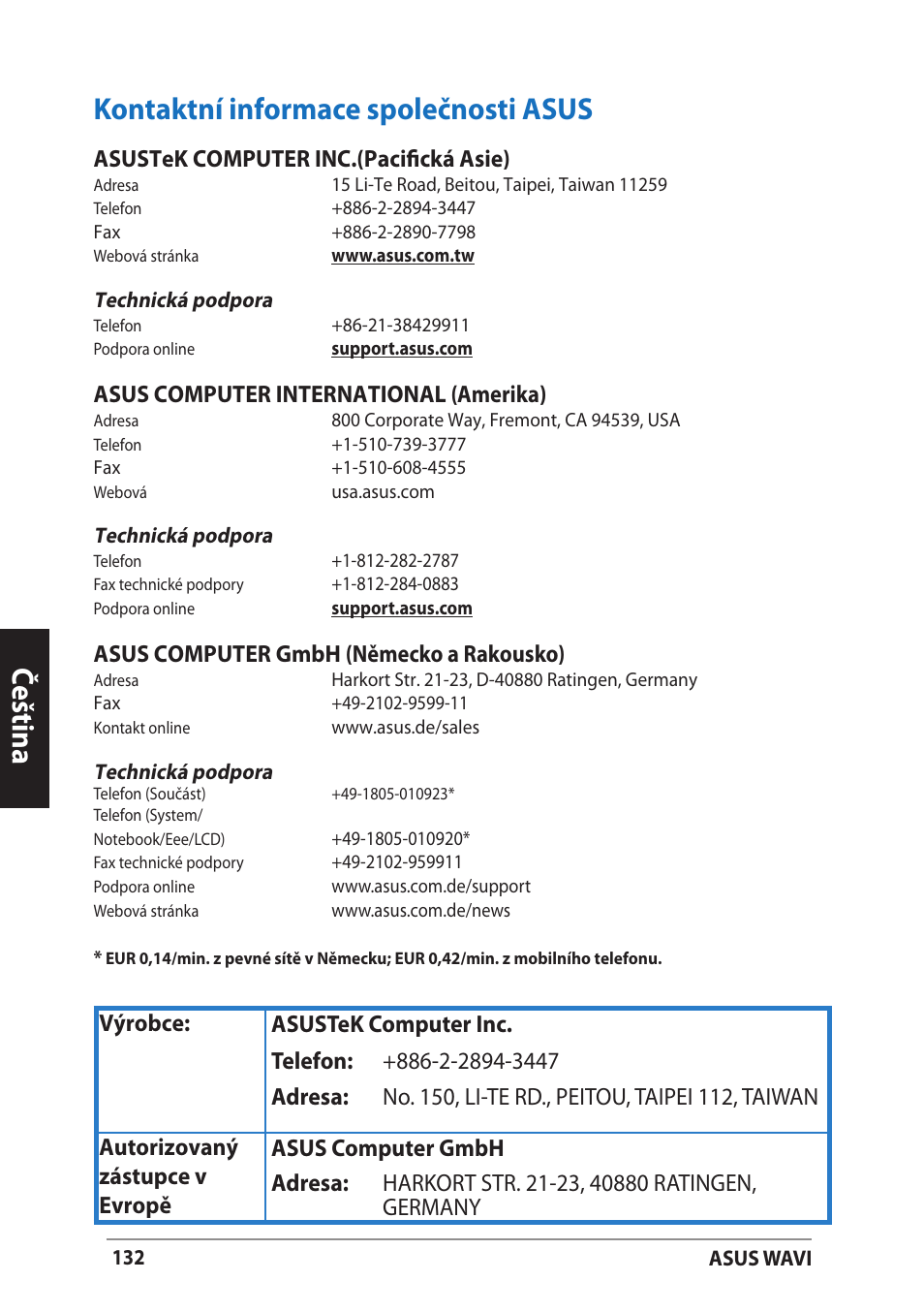 Kontaktní informace společnosti asus, Čeština, Asustek computer inc.(pacifická asie) | Asus computer international (amerika), Asus computer gmbh (německo a rakousko) | Asus WAVI User Manual | Page 132 / 197