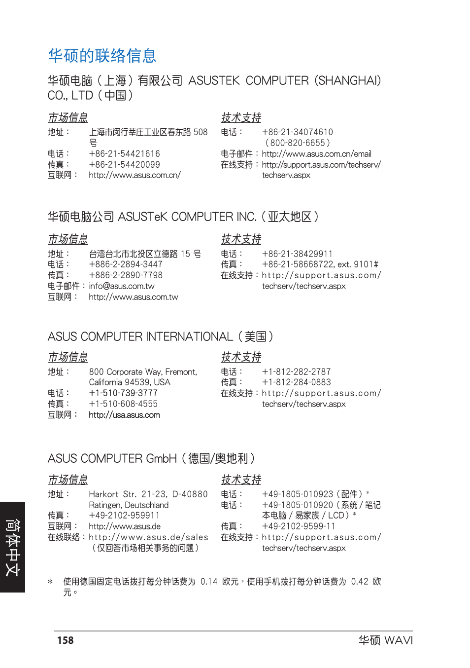 Asus contact information, 華碩的聯絡信息, Deutsch 簡体中文 華碩的聯絡信息 | 華碩電腦公司 asustek computer inc.（亞太地區, Asus computer international（美國, Asus computer gmbh（德國/奧地利, 市場信息, 技術支持 | Asus WAVI User Manual | Page 158 / 197
