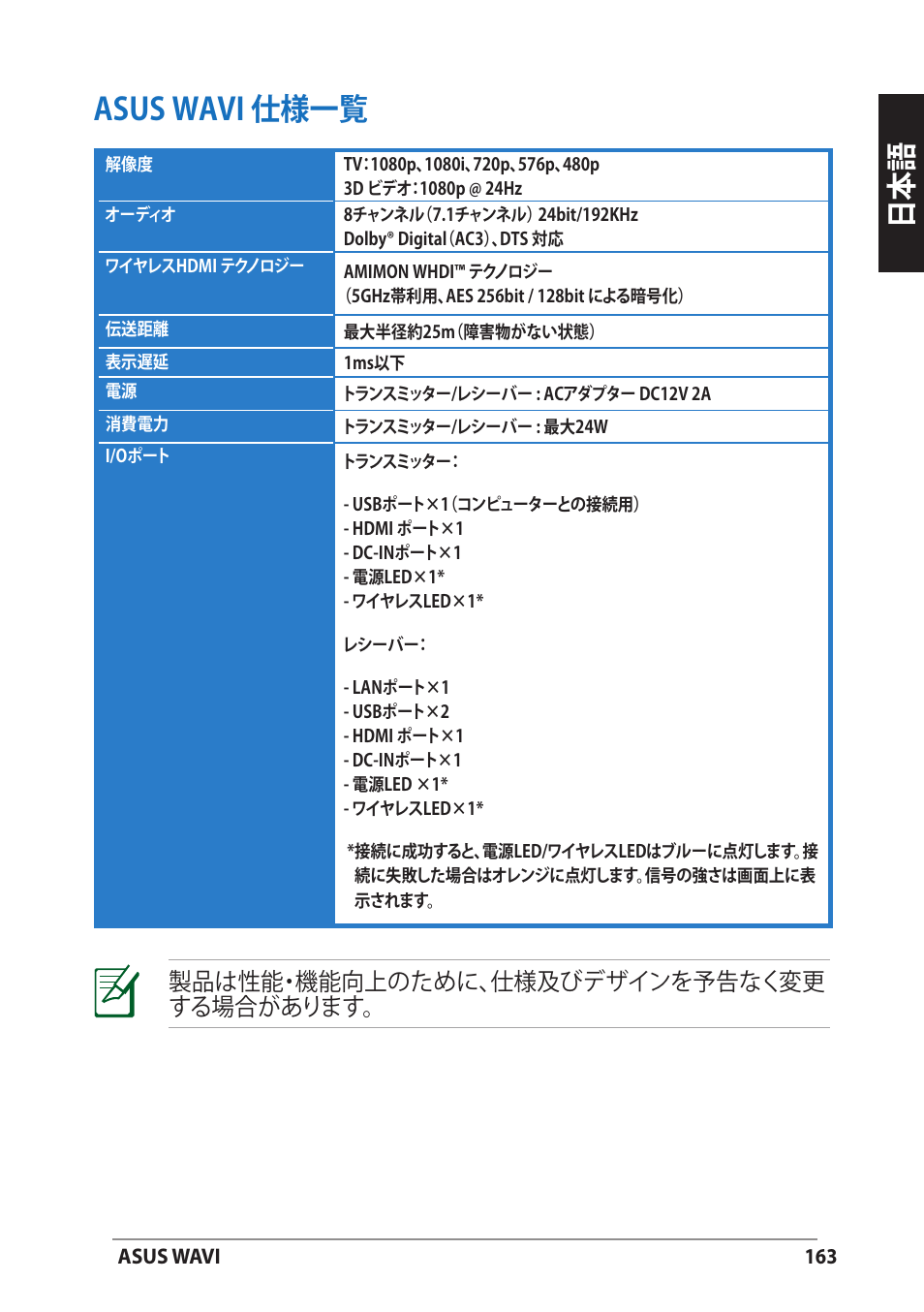 Asus wavi 仕様一覧, 日本語 asus wavi 仕様一覧, 製品は性能・機能向上のために、仕様及びデザインを予告なく変更 する場合があります | Asus WAVI User Manual | Page 163 / 197