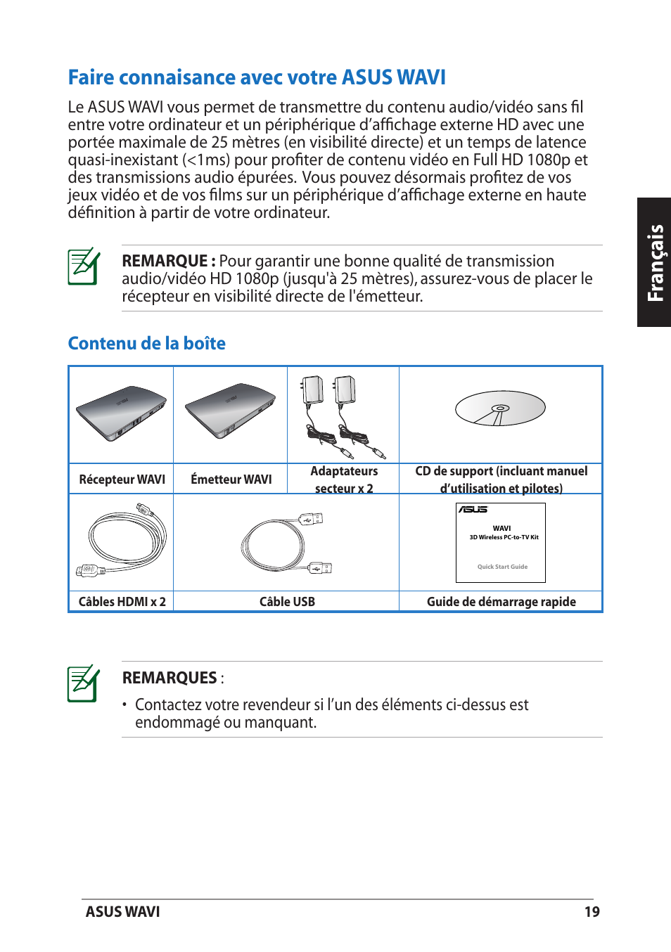 Faire connaisance avec votre asus wavi, Contenu de la boîte, Fr anç ais faire connaisance avec votre asus wavi | Asus WAVI User Manual | Page 19 / 197