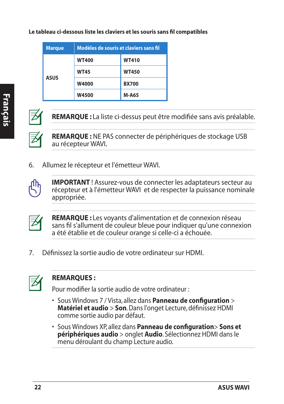 Franç ais | Asus WAVI User Manual | Page 22 / 197