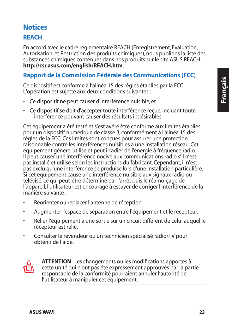 Notices, Fr anç ais notices | Asus WAVI User Manual | Page 23 / 197