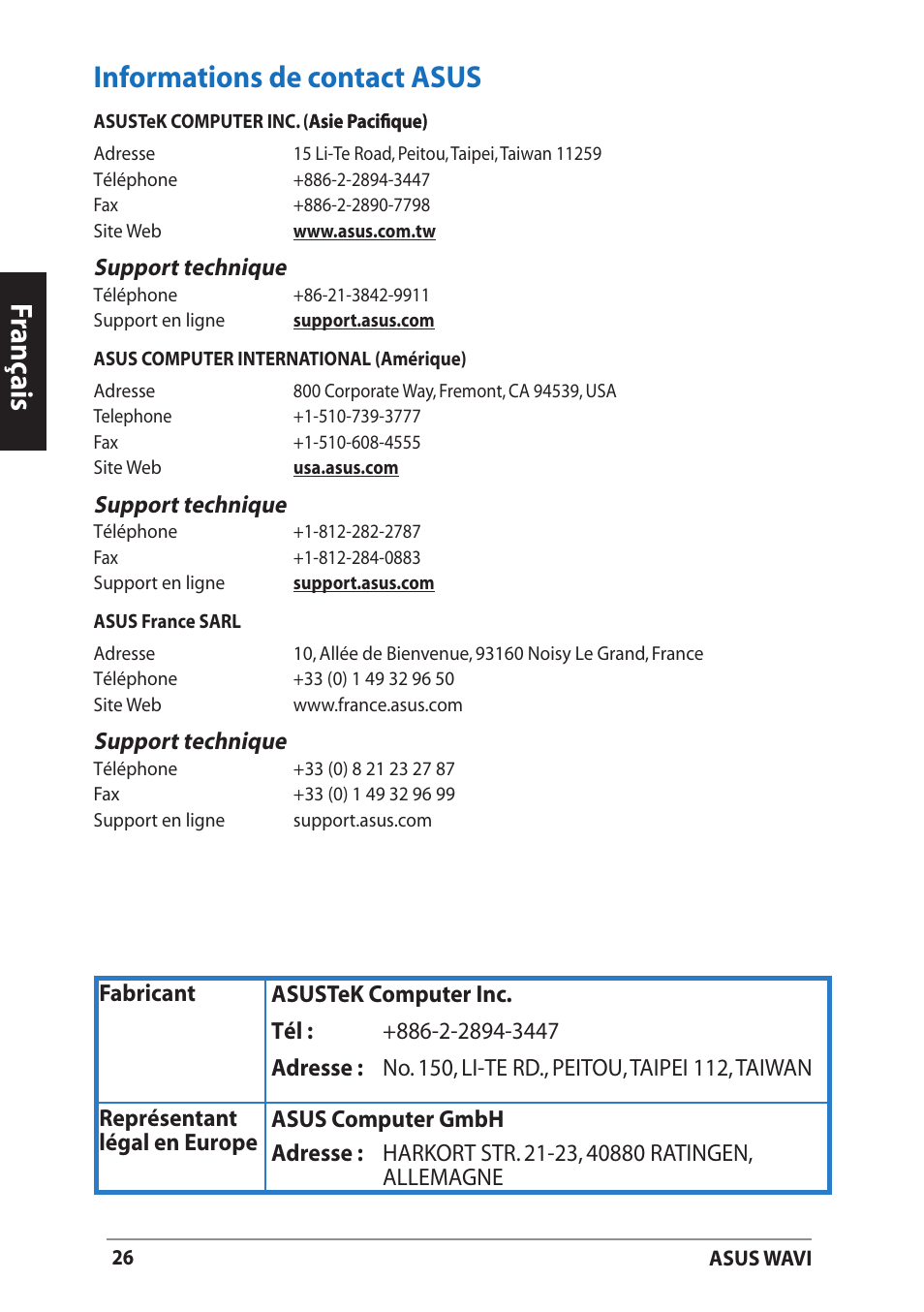 Informations de contact asus, Franç ais informations de contact asus, Support technique | Asus WAVI User Manual | Page 26 / 197