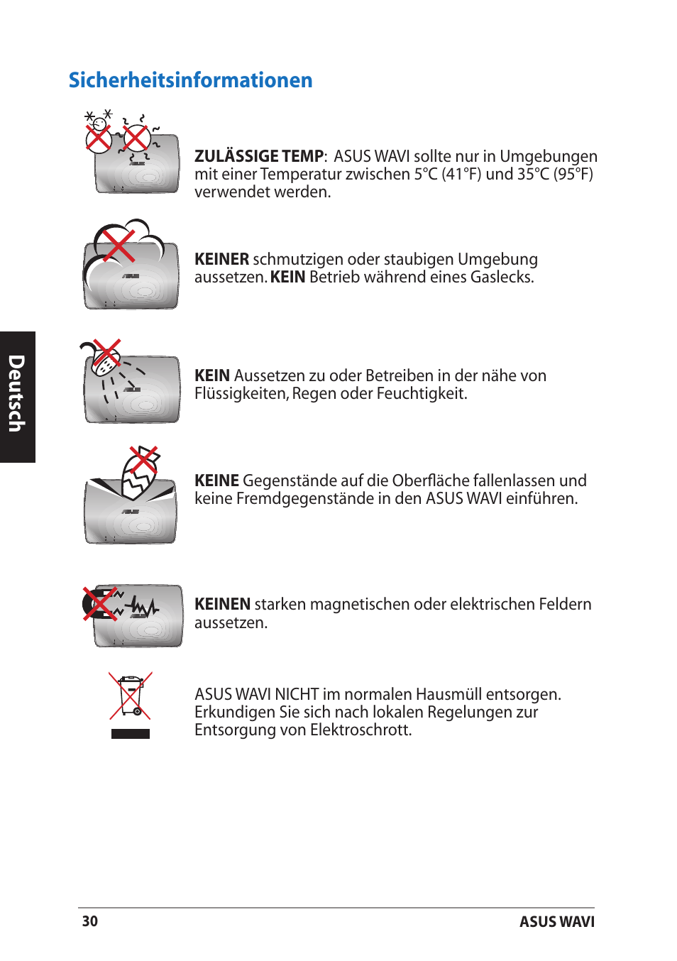 Sicherheitsinformationen, Deutsch sicherheitsinformationen | Asus WAVI User Manual | Page 30 / 197