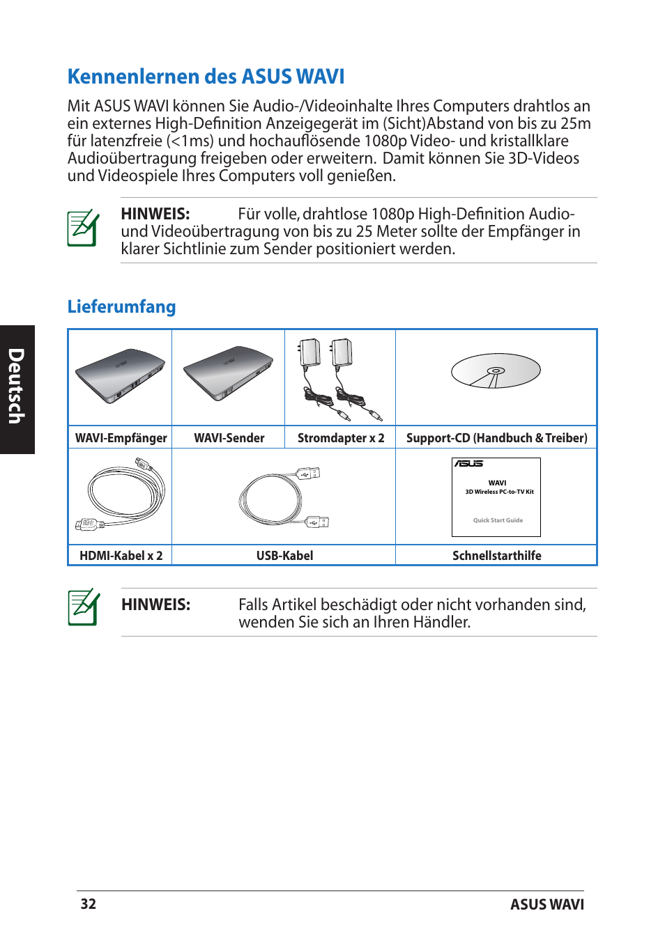 Kennenlernen des asus wavi, Lieferumfang, Deutsch kennenlernen des asus wavi | Asus WAVI User Manual | Page 32 / 197