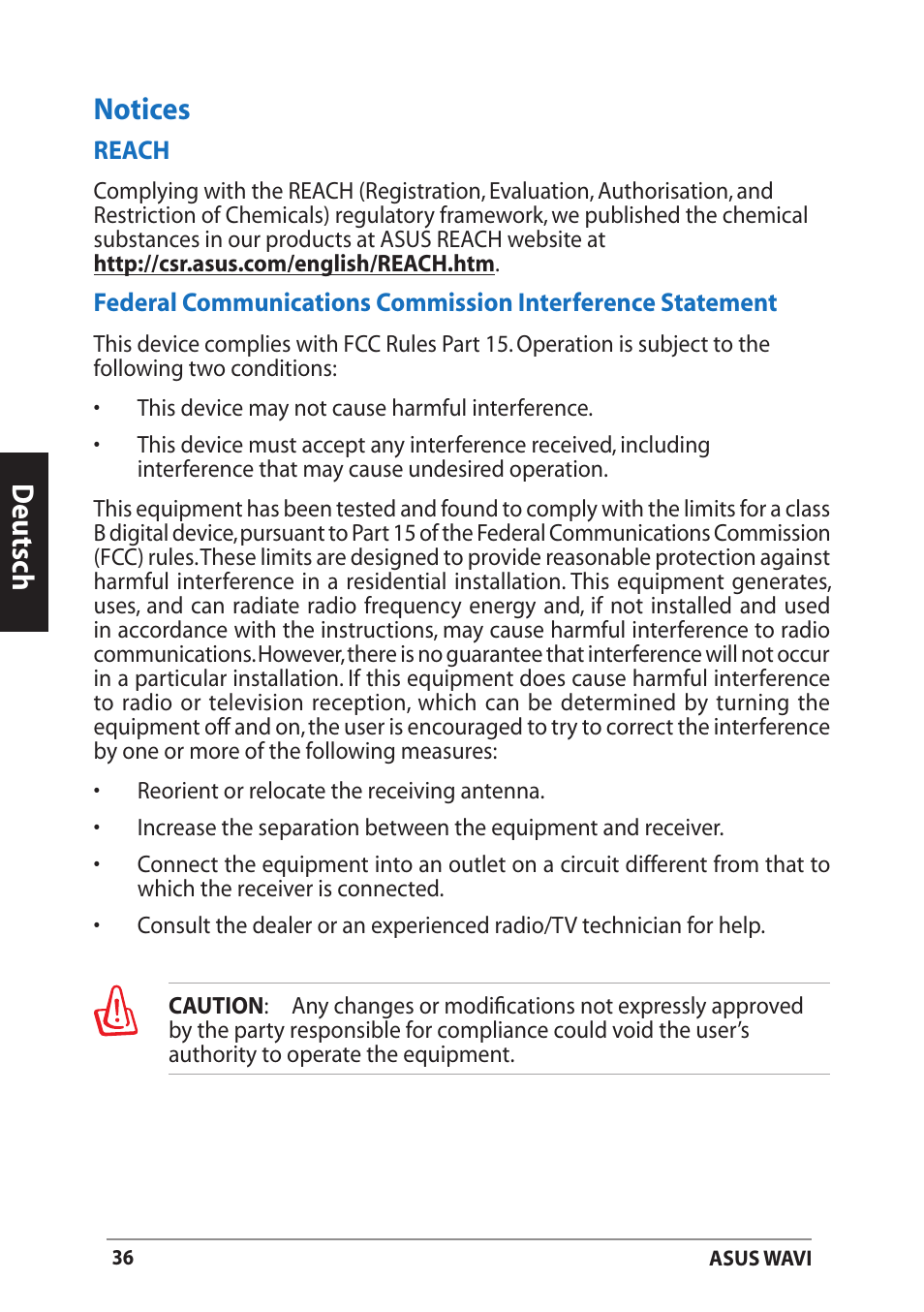Notices, Deutsch notices | Asus WAVI User Manual | Page 36 / 197