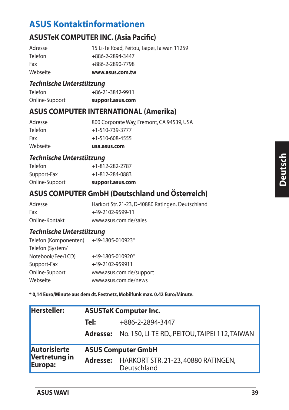 Asus kontaktinformationen, Deutsch asus kontaktinformationen, Asustek computer inc. (asia pacific) | Asus computer international (amerika), Asus computer gmbh (deutschland und österreich) | Asus WAVI User Manual | Page 39 / 197