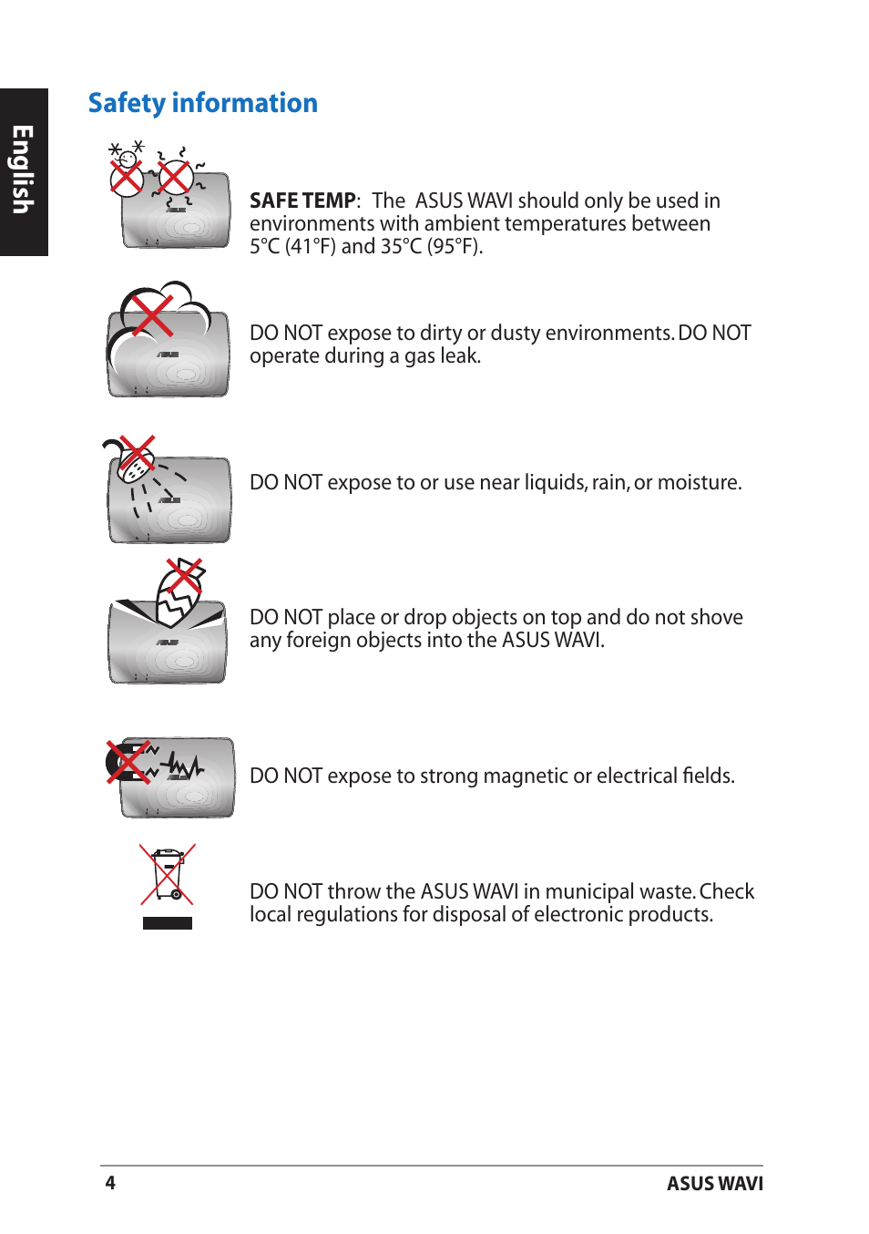 Safety information, English safety information | Asus WAVI User Manual | Page 4 / 197