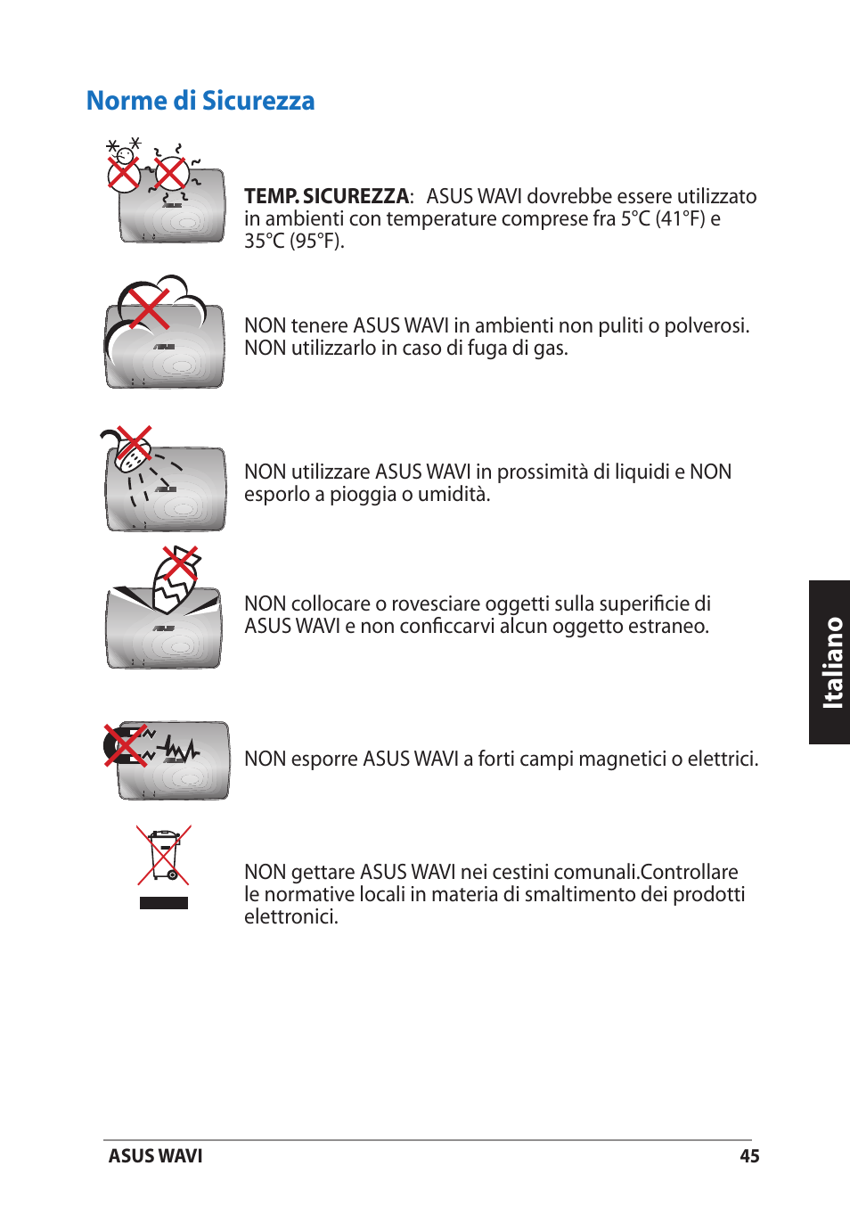Norme di sicurezza, Italiano, Italiano norme di sicurezza | Asus WAVI User Manual | Page 45 / 197