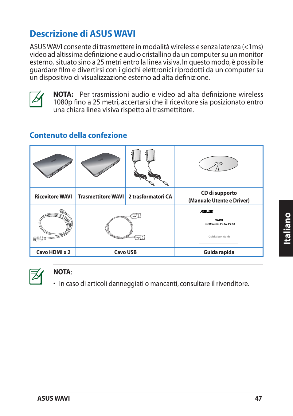 Descrizione di asus wavi, Contenuto della confezione, Italiano | Italiano descrizione di asus wavi | Asus WAVI User Manual | Page 47 / 197