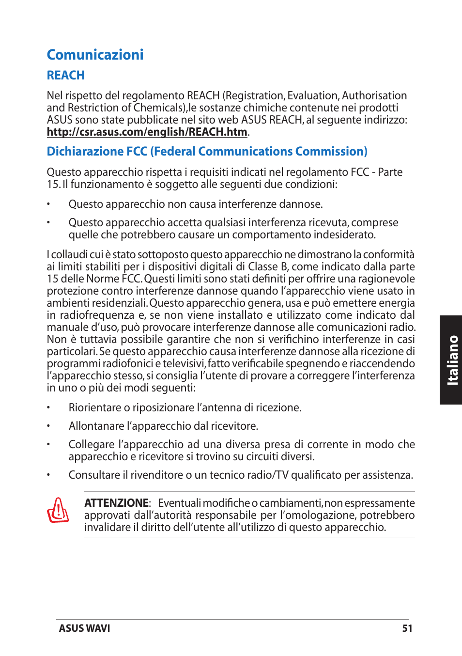 Comunicazioni, Italiano, Italiano comunicazioni | Asus WAVI User Manual | Page 51 / 197