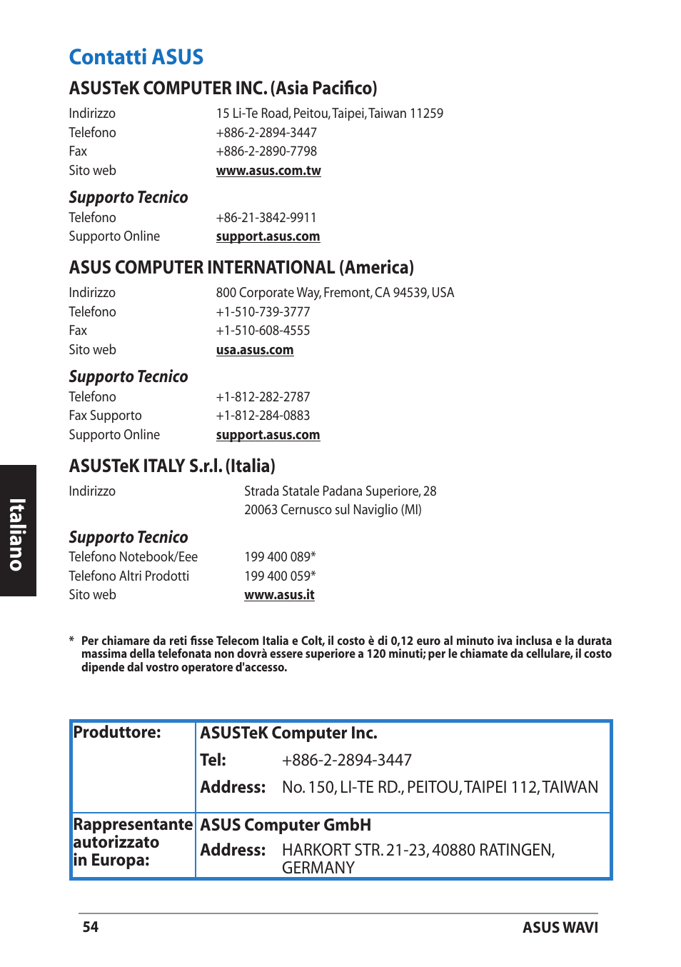 Contatti asus, Deutsch italiano italiano contatti asus, Asustek computer inc. (asia pacifico) | Asus computer international (america), Asustek italy s.r.l. (italia) | Asus WAVI User Manual | Page 54 / 197