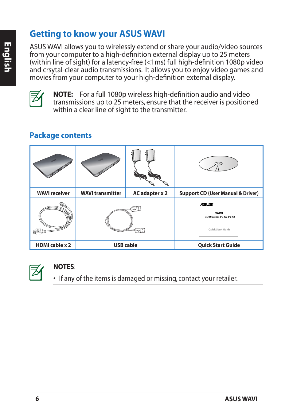 Getting to know your asus wavi, Package contents, English getting to know your asus wavi | Asus WAVI User Manual | Page 6 / 197