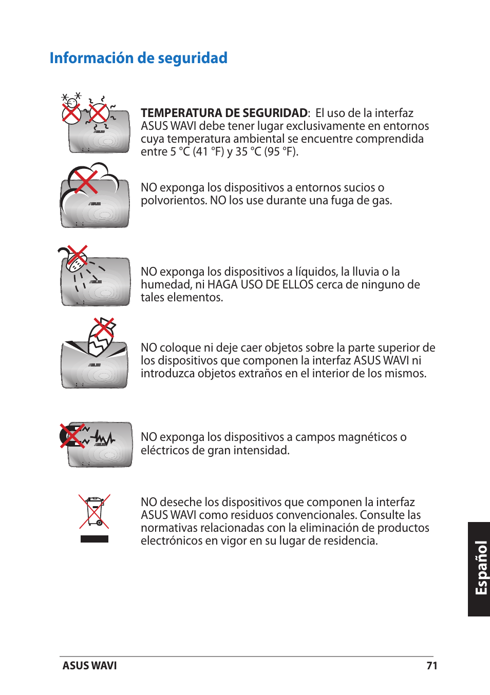 Información de seguridad, Español información de seguridad | Asus WAVI User Manual | Page 71 / 197