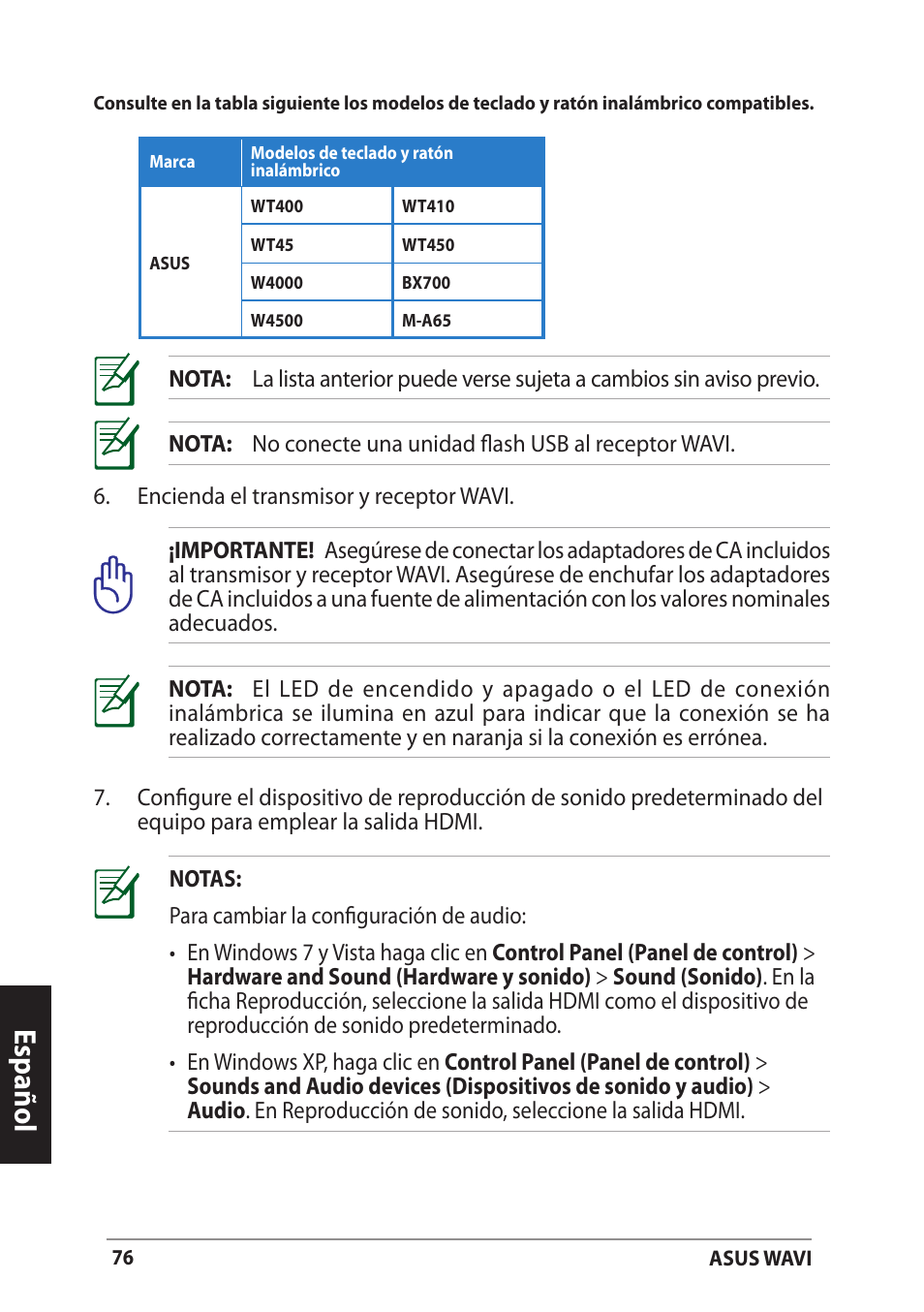 Español | Asus WAVI User Manual | Page 76 / 197