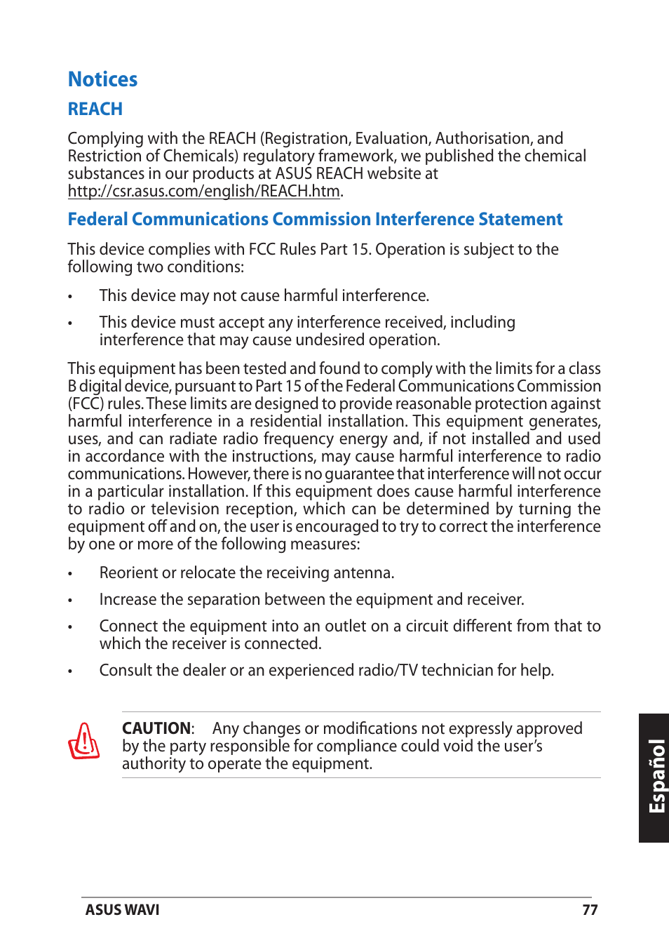 Notices, Español notices | Asus WAVI User Manual | Page 77 / 197