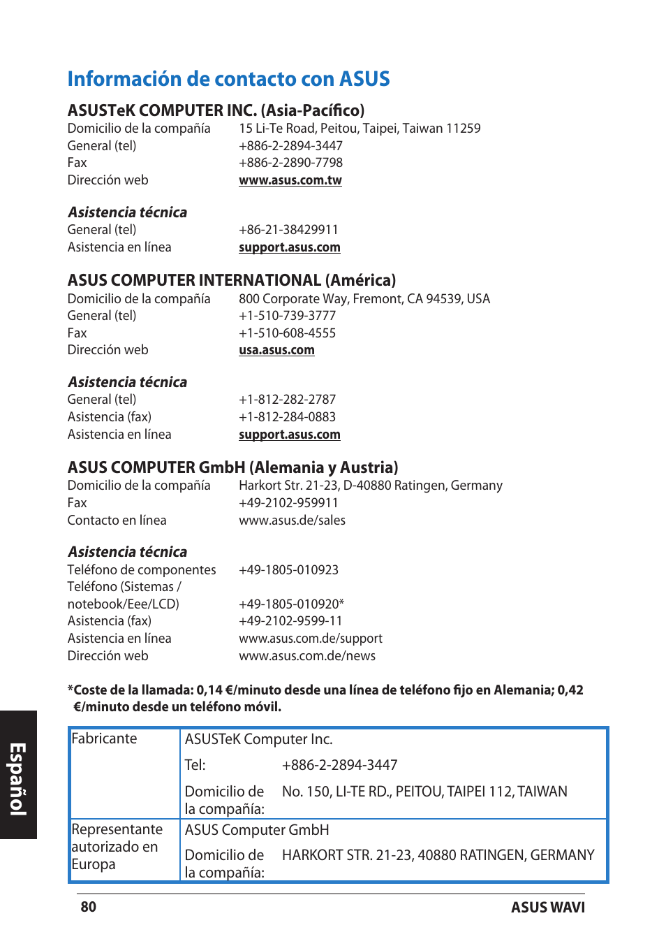 Información de contacto con asus, Español | Asus WAVI User Manual | Page 80 / 197