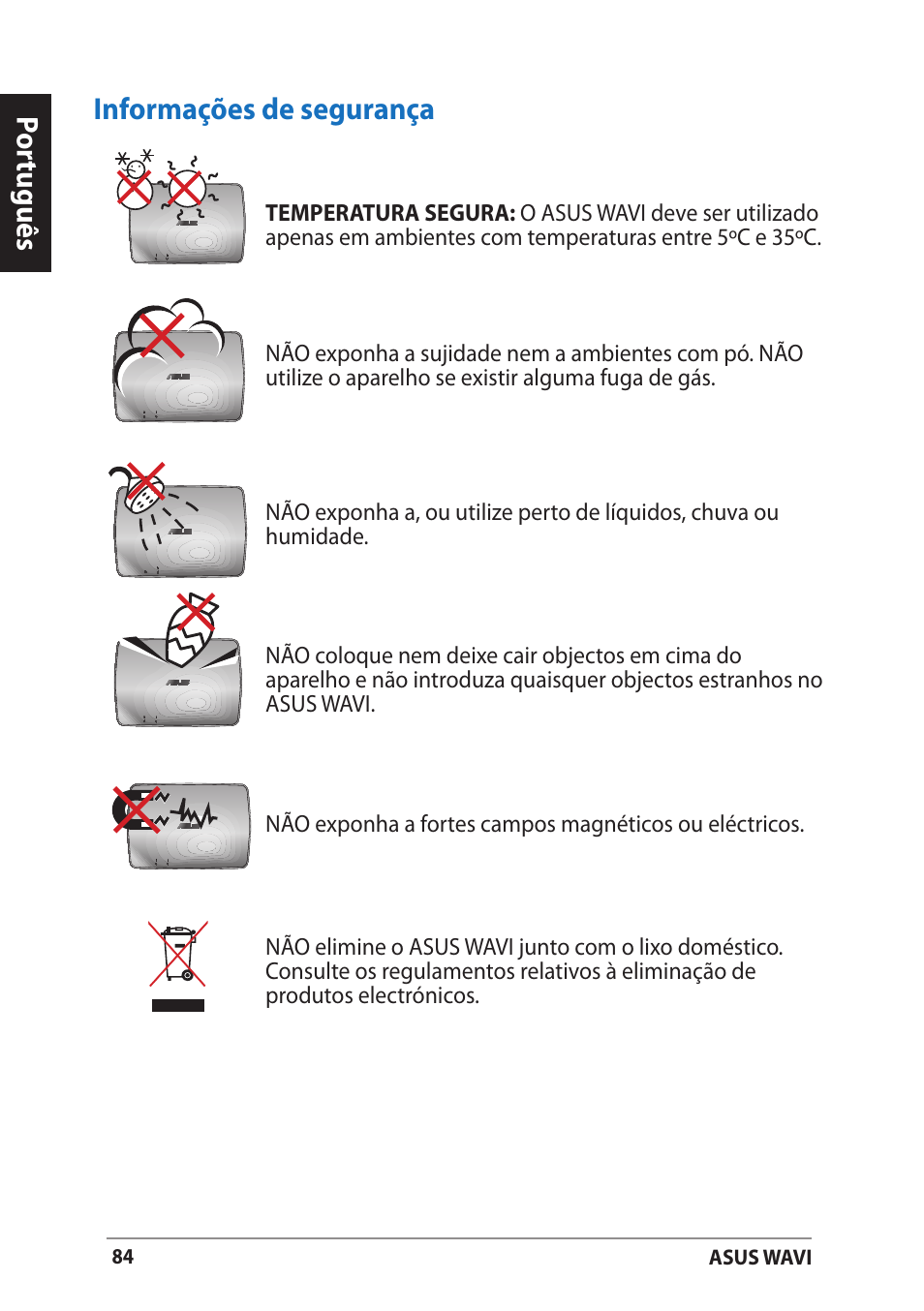 Informações de segurança, Por tuguês informações de segurança | Asus WAVI User Manual | Page 84 / 197