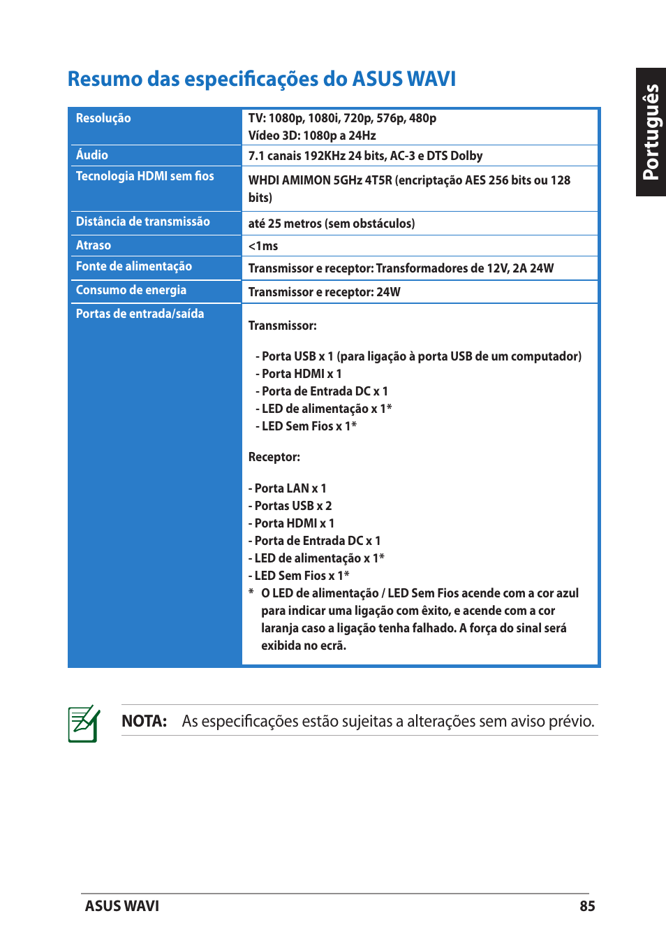 Resumo das especificações do asus wavi, Por tuguês resumo das especificações do asus wavi | Asus WAVI User Manual | Page 85 / 197