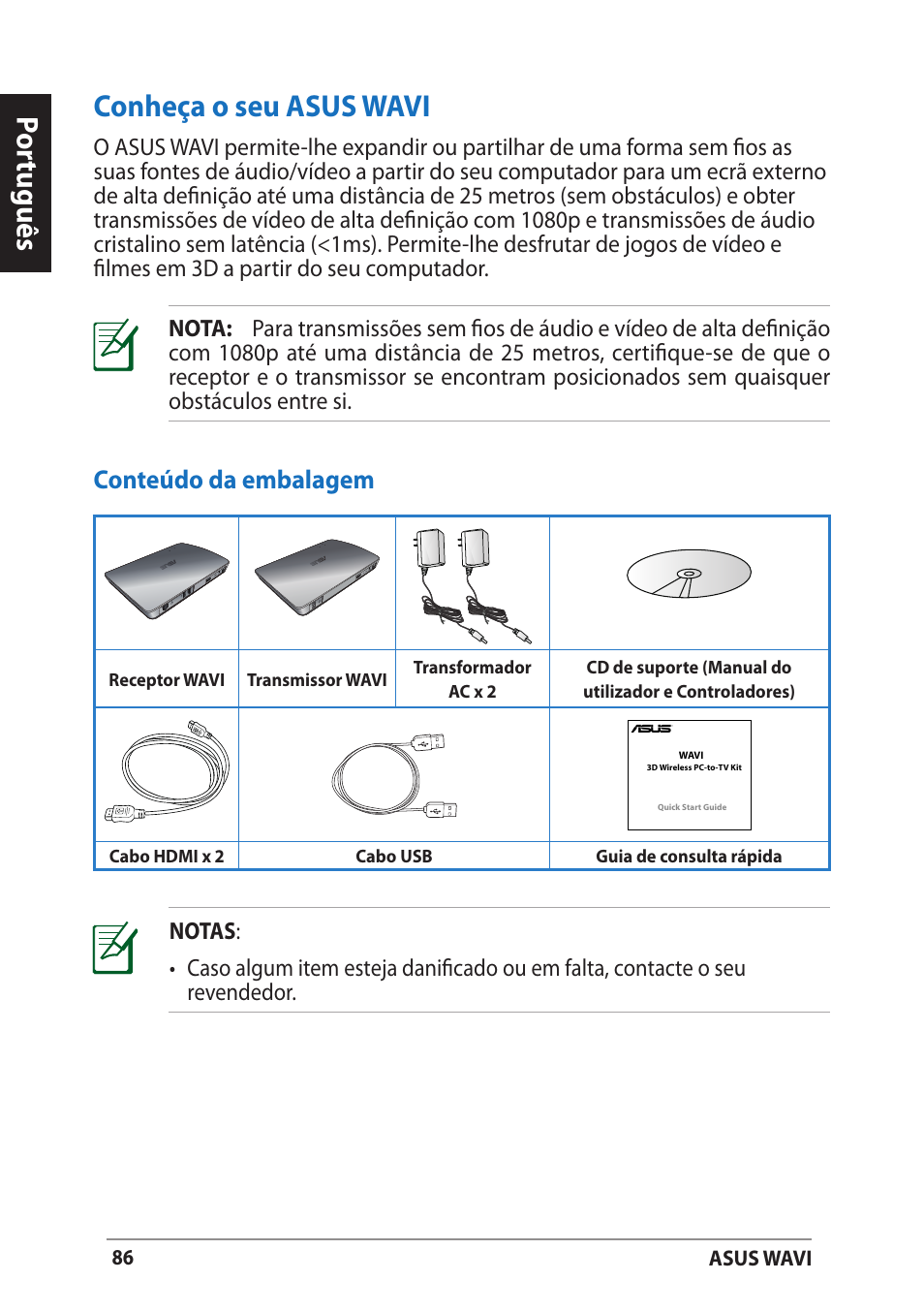 Conheça o seu asus wavi, Conteúdo da embalagem, Por tuguês | Asus WAVI User Manual | Page 86 / 197