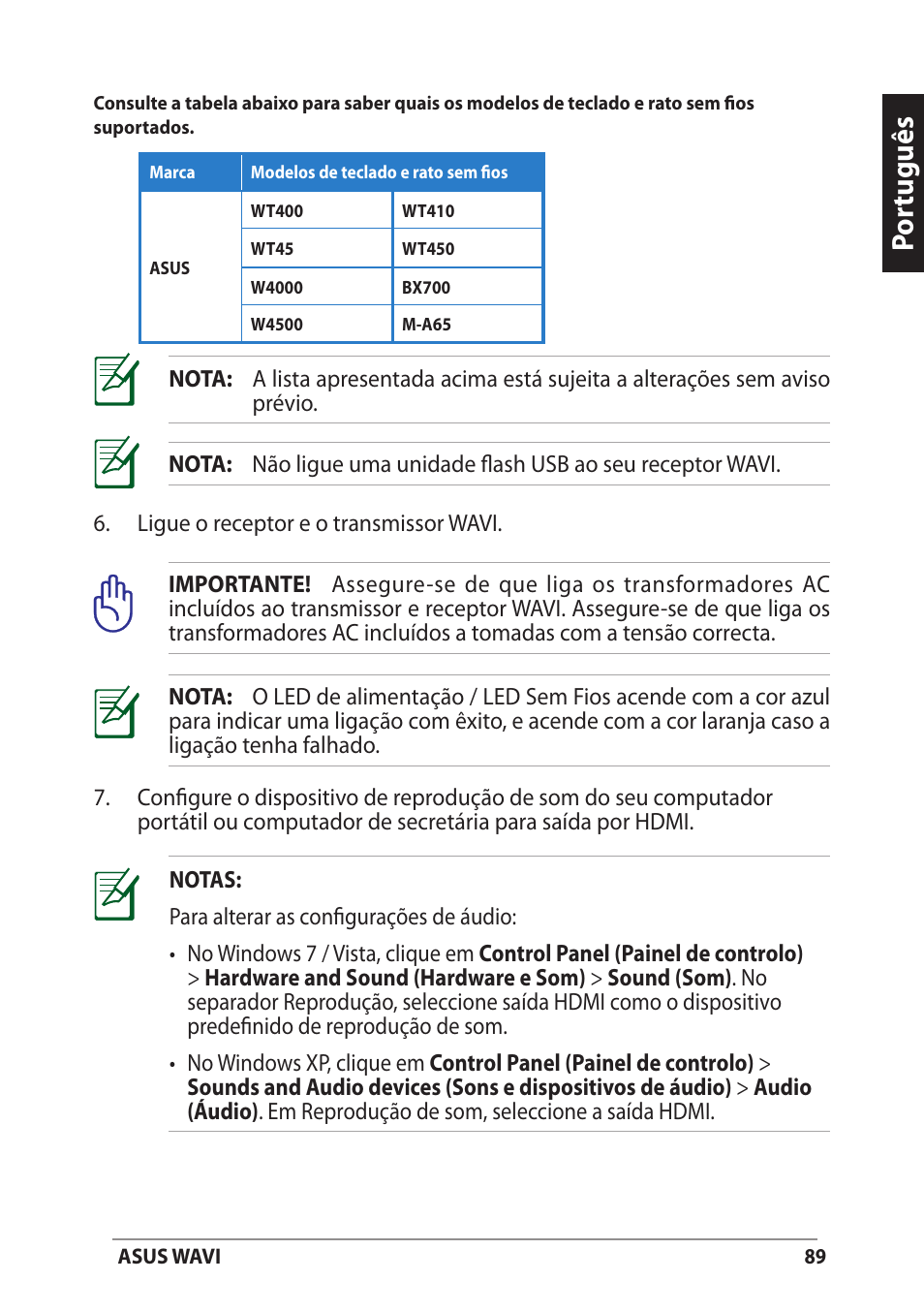Por tuguês | Asus WAVI User Manual | Page 89 / 197