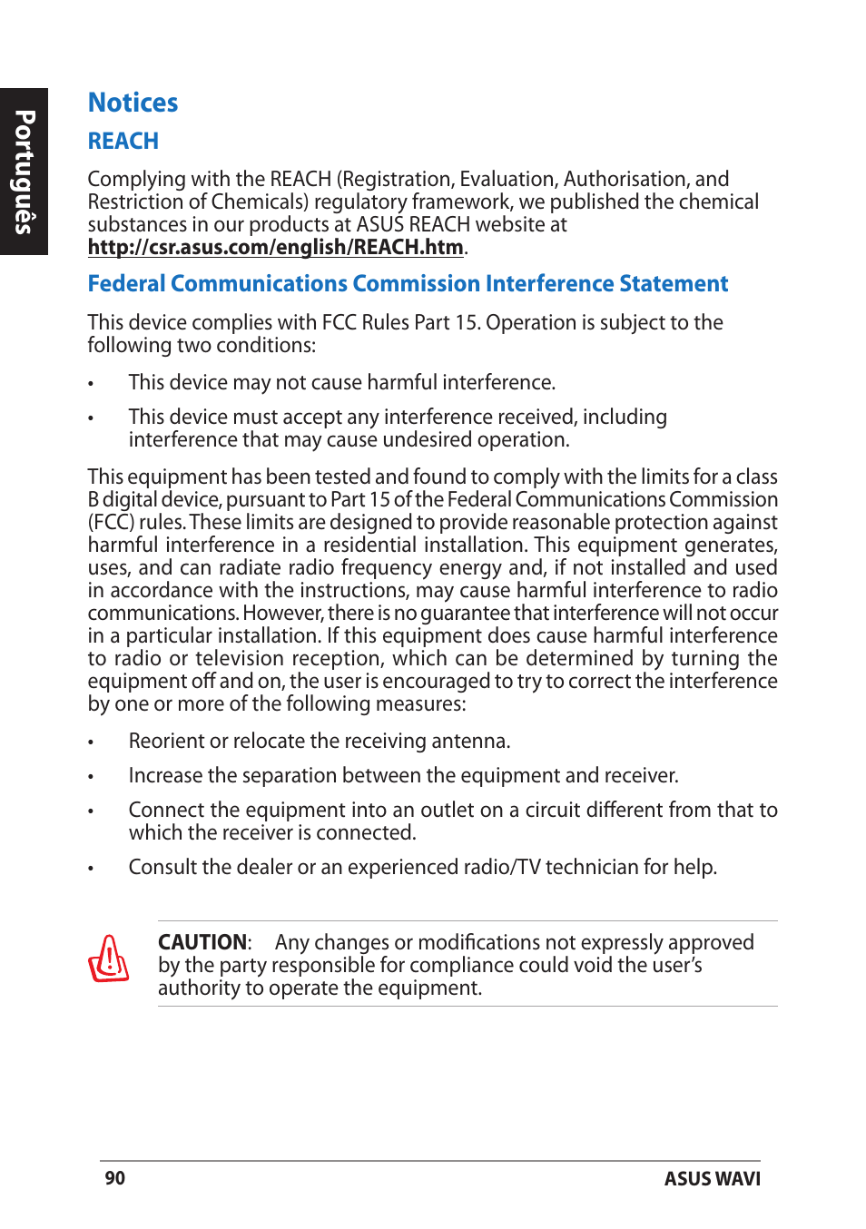 Notices, Por tuguês notices | Asus WAVI User Manual | Page 90 / 197