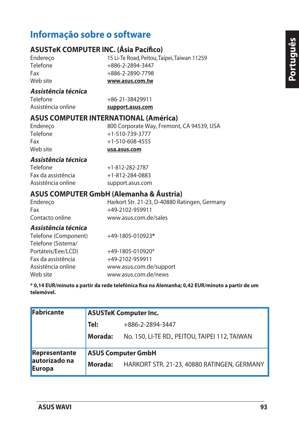 Informação sobre o software, Por tuguês | Asus WAVI User Manual | Page 93 / 197