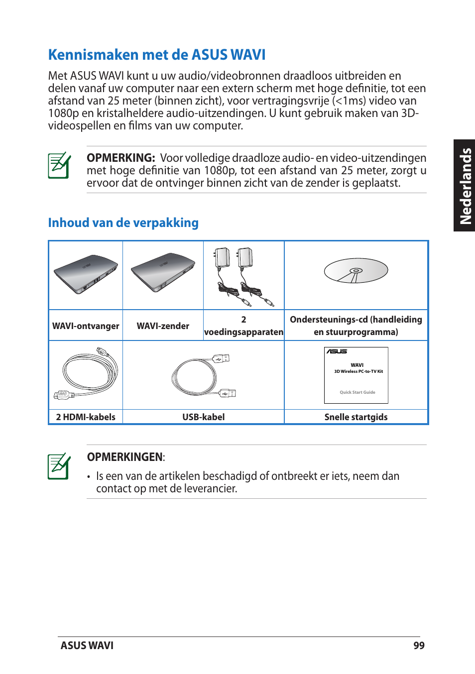 Kennismaken met de asus wavi, Inhoud van de verpakking, Neder lands | Asus WAVI User Manual | Page 99 / 197