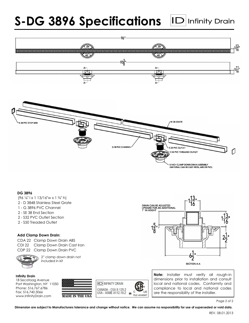 S-dg 3896 specifications | Infinity Drain S-DG 3896 Series Submittal Sheet User Manual | Page 2 / 2