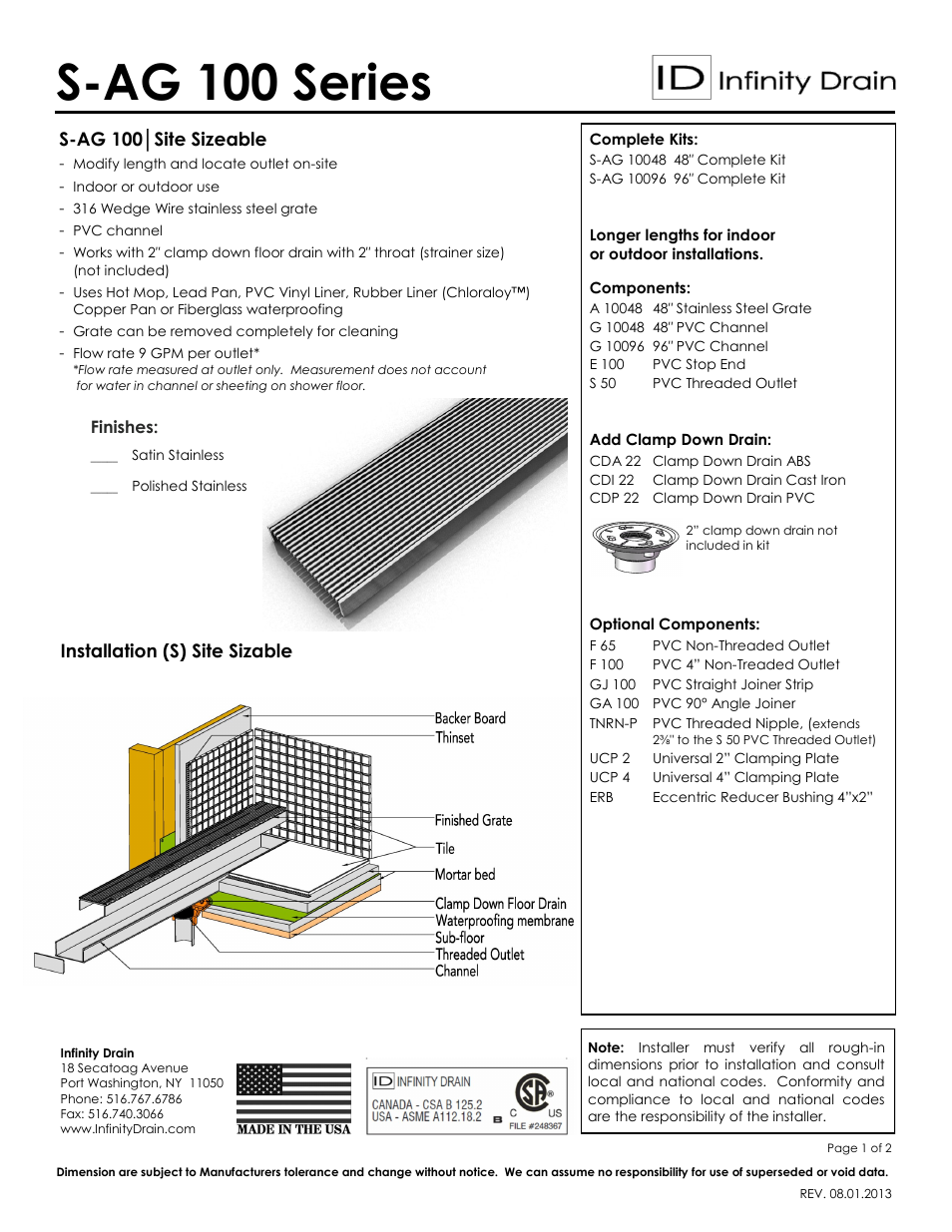 Infinity Drain S-AG 10048 Series Submittal Sheet User Manual | 2 pages