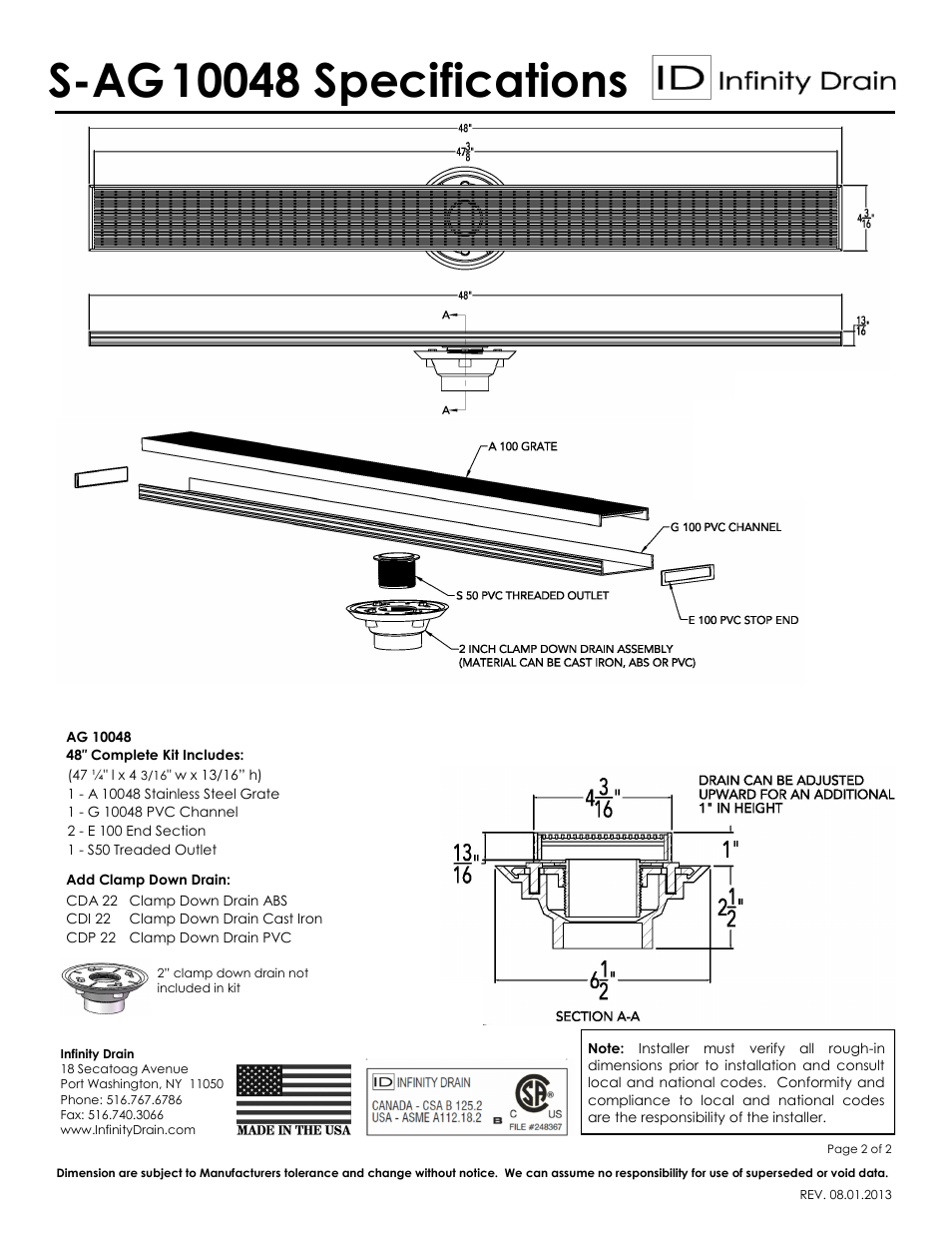 S-ag | Infinity Drain S-AG 10048 Series Submittal Sheet User Manual | Page 2 / 2