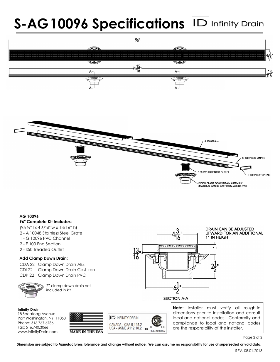 S-ag | Infinity Drain S-AG 10096 Series Submittal Sheet User Manual | Page 2 / 2