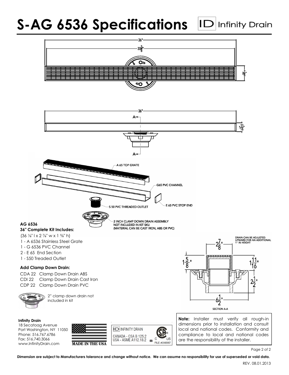 S-ag 6536 specifications | Infinity Drain S-AG 6536 Series Submittal Sheet User Manual | Page 2 / 2