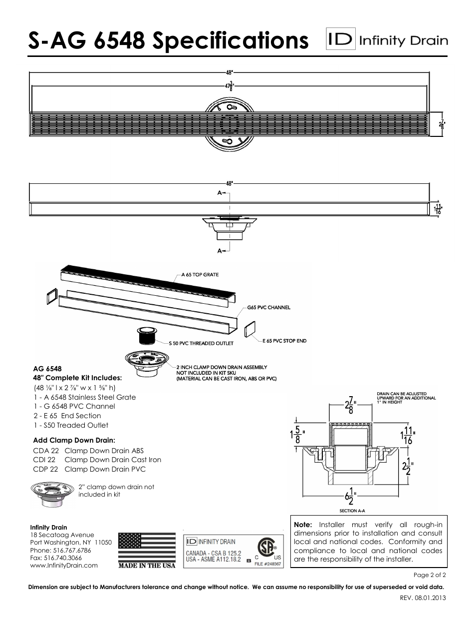 S-ag 6548 specifications | Infinity Drain S-AG 6548 Series Submittal Sheet User Manual | Page 2 / 2