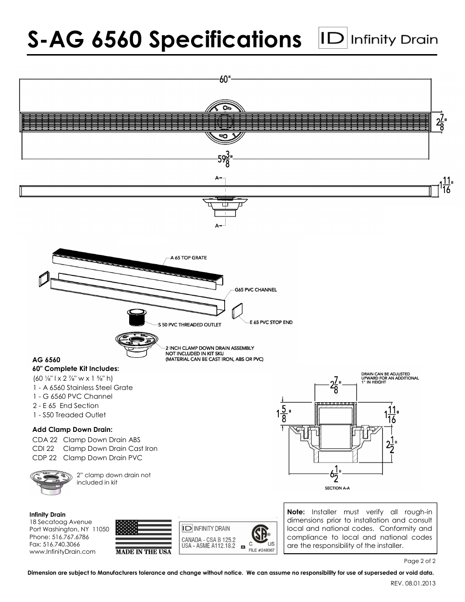 S-ag 6560 specifications | Infinity Drain S-AG 6560 Series Submittal Sheet User Manual | Page 2 / 2