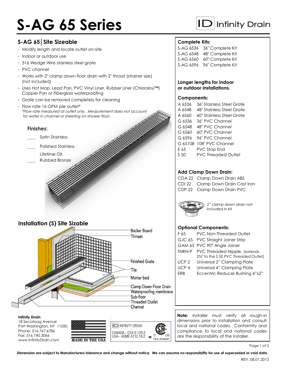 Infinity Drain S-AG 6596 Series Submittal Sheet User Manual | 2 pages