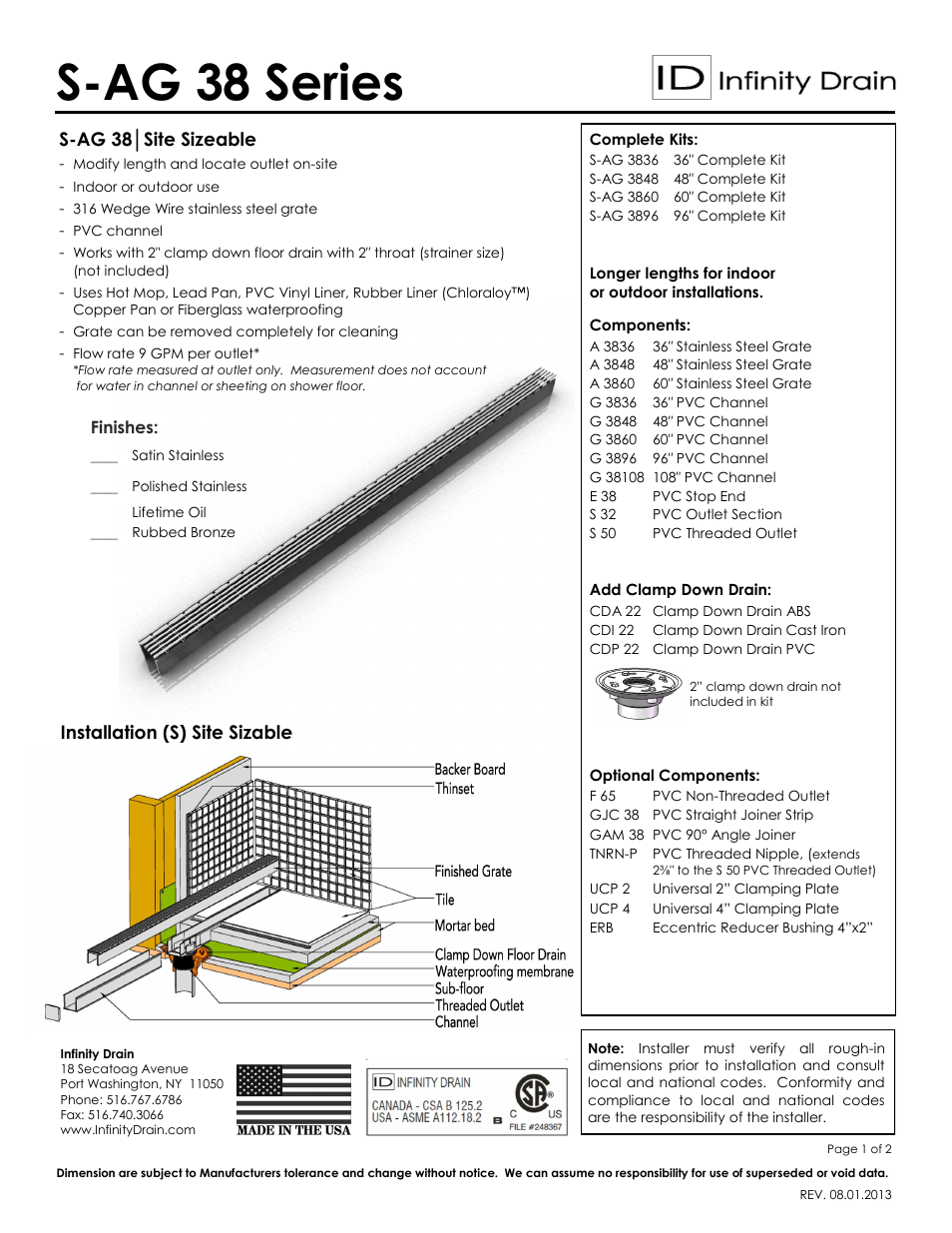 Infinity Drain S-AG 3836 Series Submittal Sheet User Manual | 2 pages