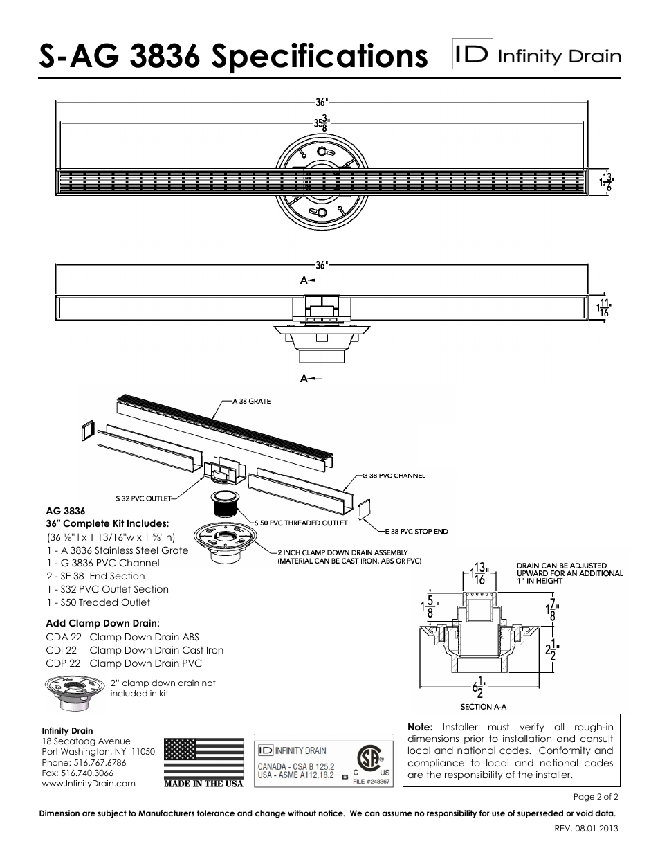 S-ag 3836 specifications | Infinity Drain S-AG 3836 Series Submittal Sheet User Manual | Page 2 / 2